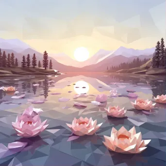 Low poly depiction of serene lake at dawn with water lilies and misty reflections - Image 1