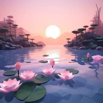 Low poly depiction of serene lake at dawn with water lilies and misty reflections - Image 3