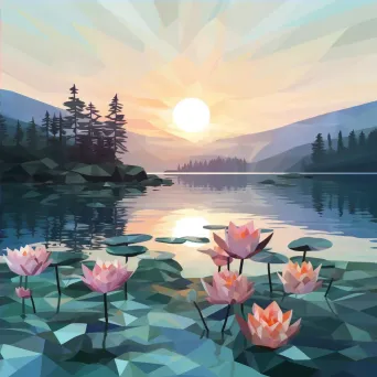 Low poly depiction of serene lake at dawn with water lilies and misty reflections - Image 4