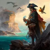 Pirate with treasure map and parrot watching horizon - Image 1