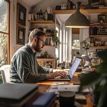 Individual in a home office developing cybersecurity strategies on a laptop - Image 1