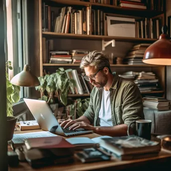 Individual in a home office developing cybersecurity strategies on a laptop - Image 4