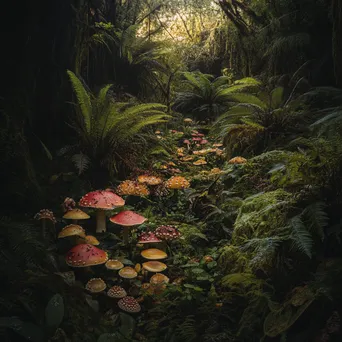 Diverse rainforest floor with colorful mushrooms and ferns - Image 1