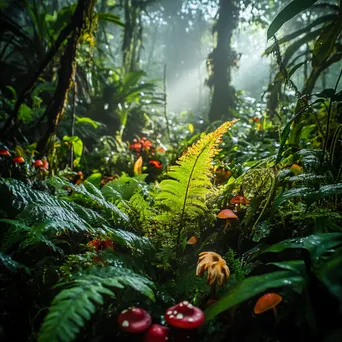 Diverse rainforest floor with colorful mushrooms and ferns - Image 2