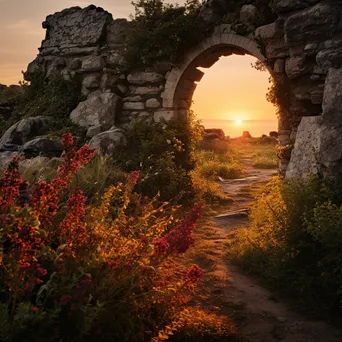 Overgrown trail with ancient stone walls and wildflowers at sunset - Image 1