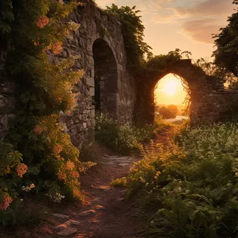 Overgrown trail with ancient stone walls and wildflowers at sunset - Image 4