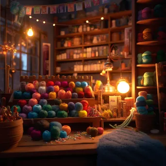 Interior of a knit shop filled with colorful yarns and crafting tools under soft lighting - Image 1