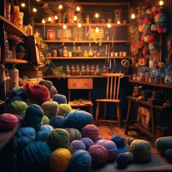 Interior of a knit shop filled with colorful yarns and crafting tools under soft lighting - Image 2