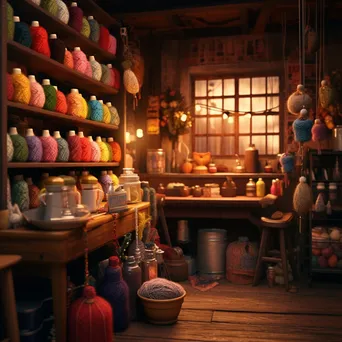 Interior of a knit shop filled with colorful yarns and crafting tools under soft lighting - Image 4