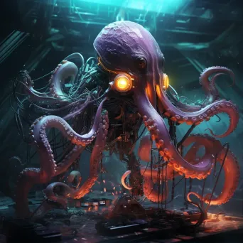 Cybernetic octopus repairing submerged spaceship in neon-tinged digital art - Image 1