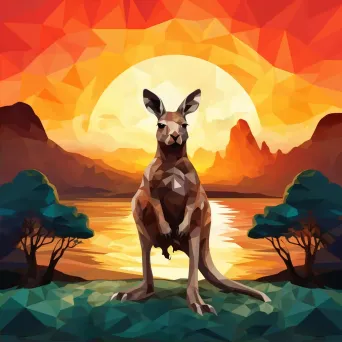 Geometric representation of kangaroo in low poly style against sunset outback backdrop - Image 2