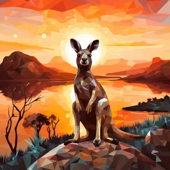 Geometric representation of kangaroo in low poly style against sunset outback backdrop - Image 3