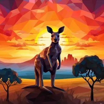 Geometric representation of kangaroo in low poly style against sunset outback backdrop - Image 4