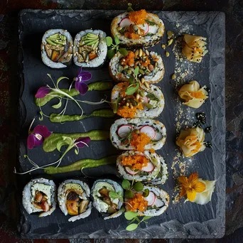 An elegant display of assorted vegan sushi rolls with garnishes on a slate board. - Image 2