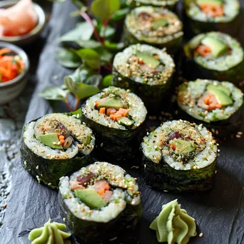 An elegant display of assorted vegan sushi rolls with garnishes on a slate board. - Image 3