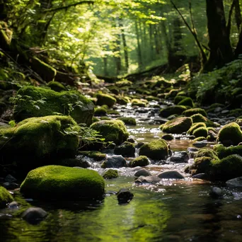 Tranquil forest understory with moss and streams illuminated by warm sunlight. - Image 3