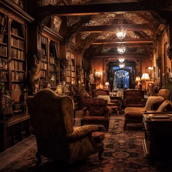 A reader in a cozy library with wooden furnishings and warm lighting. - Image 2