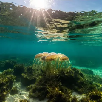 Sunlit Coral Reef with Jellyfish