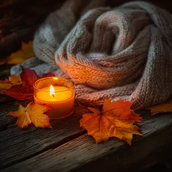 Rustic table adorned with red and orange leaves, a lit candle, and a wool scarf - Image 2