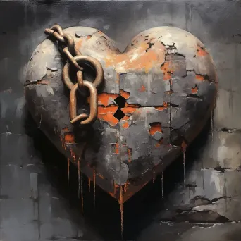 Oil painting of an old locked heart-shaped padlock representing enduring love - Image 1