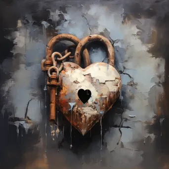 Oil painting of an old locked heart-shaped padlock representing enduring love - Image 2