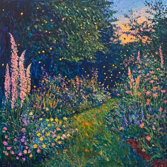 A vibrant, Fauvist portrayal of a rustic garden illuminated by fireflies at dusk - Image 1