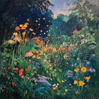 A vibrant, Fauvist portrayal of a rustic garden illuminated by fireflies at dusk - Image 4