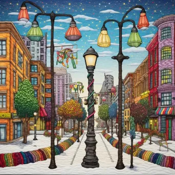 Lamp posts wrapped in colorful, knitted yarn bombs adding warmth to the urban setting - Image 1