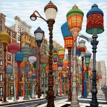 Lamp posts wrapped in colorful, knitted yarn bombs adding warmth to the urban setting - Image 2