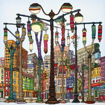 Lamp posts wrapped in colorful, knitted yarn bombs adding warmth to the urban setting - Image 4