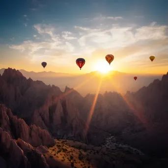 Hot air balloons ascending over a rugged mountain range at sunset - Image 1