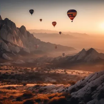 Hot air balloons ascending over a rugged mountain range at sunset - Image 2