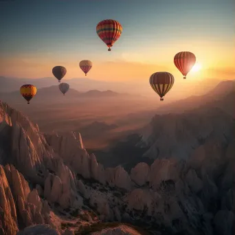 Hot air balloons ascending over a rugged mountain range at sunset - Image 3