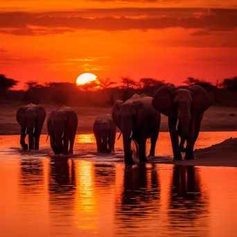 Herd of elephants crossing a river at sunset. - Image 1