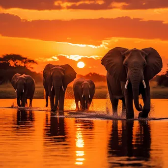 Herd of elephants crossing a river at sunset. - Image 2