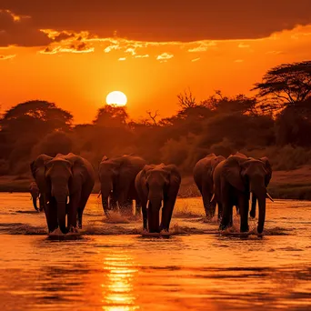 Herd of elephants crossing a river at sunset. - Image 3