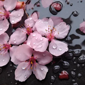 Close-up of cherry blossom petals with raindrops - Image 1