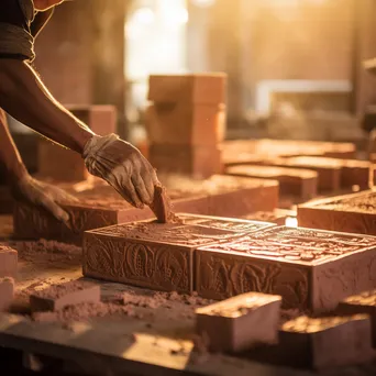 Hands filling traditional brick molds with clay - Image 3