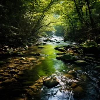 Tranquil mountain stream flowing through a green forest with soft sunlight. - Image 2