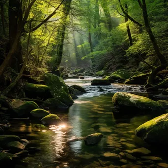 Tranquil mountain stream flowing through a green forest with soft sunlight. - Image 3