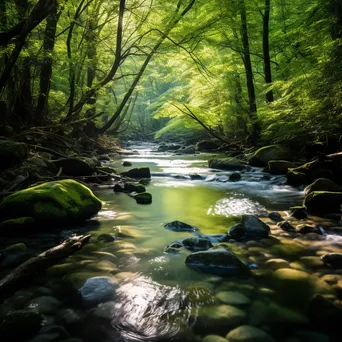 Tranquil mountain stream flowing through a green forest with soft sunlight. - Image 4