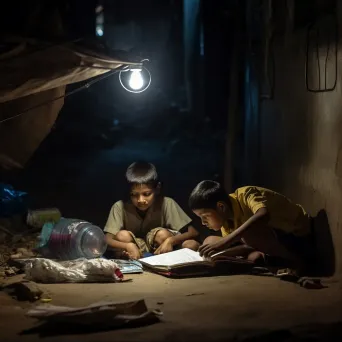 Children studying under street lamp at night depicting access to education challenge - Image 1