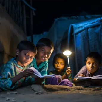 Children studying under street lamp at night depicting access to education challenge - Image 3