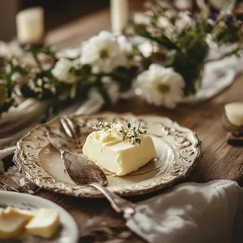 Butter dish filled with homemade butter on a rustic table with flowers and natural light - Image 1