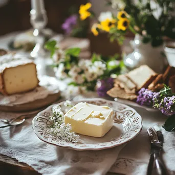 Butter dish filled with homemade butter on a rustic table with flowers and natural light - Image 3