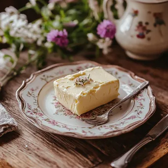 Butter dish filled with homemade butter on a rustic table with flowers and natural light - Image 4