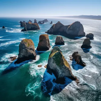 Aerial view of sea stacks and turquoise water - Image 1