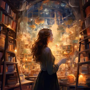 Romantic realism of an imaginative bookstore where books transform into their story characters - Image 4