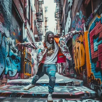 Hip-hop dancer performing in a graffiti-covered alley. - Image 1