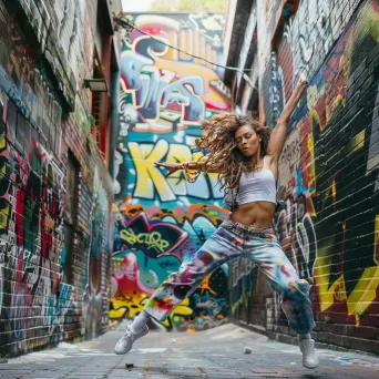 Hip-hop dancer performing in a graffiti-covered alley. - Image 2